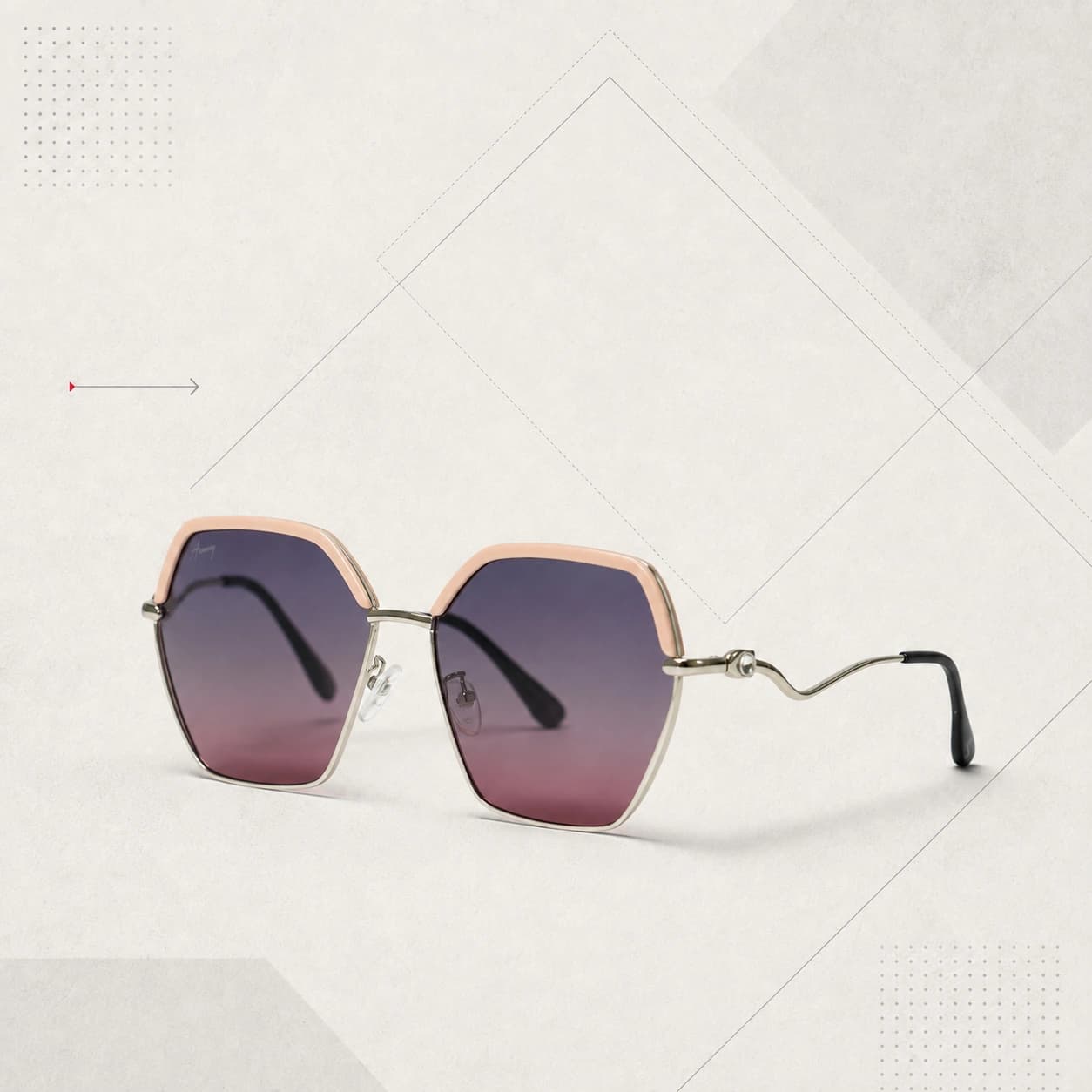 Black faceted geometric sunglasses on a warm angular graphic background