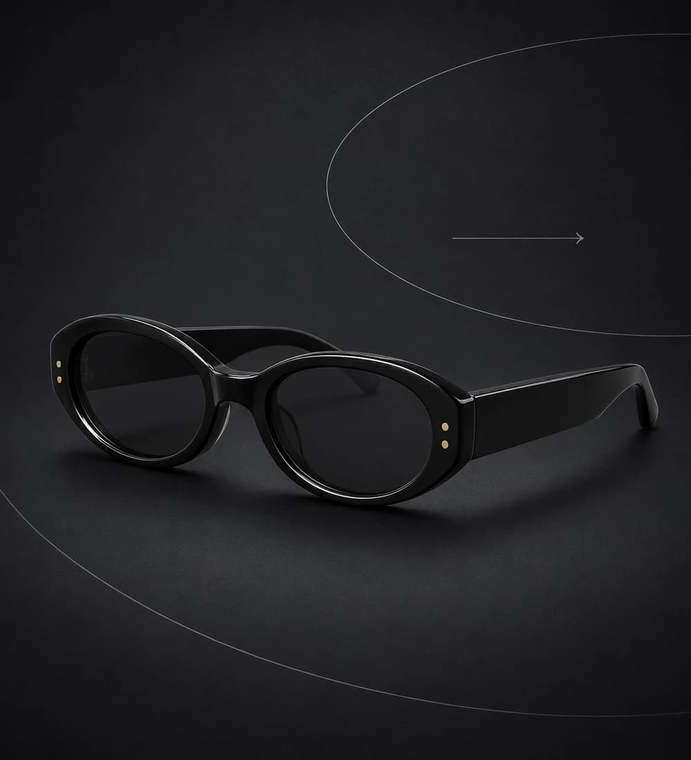Black oval sunglasses on a near-black curved graphic background