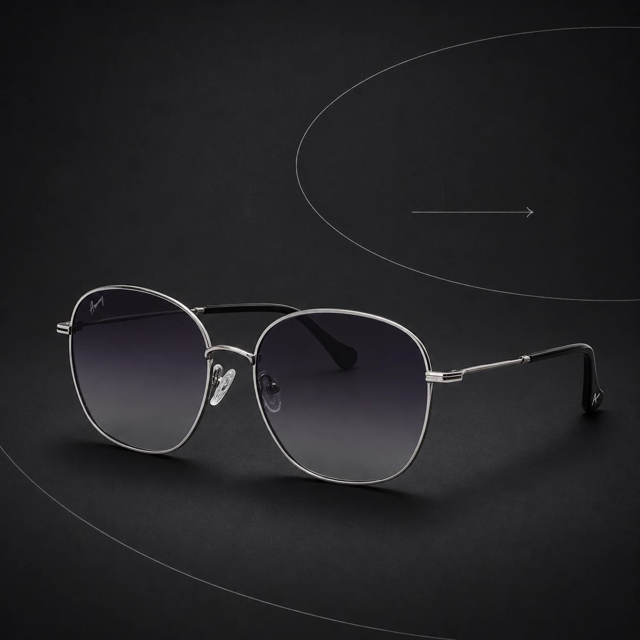 Black oval sunglasses on a near-black curved graphic background