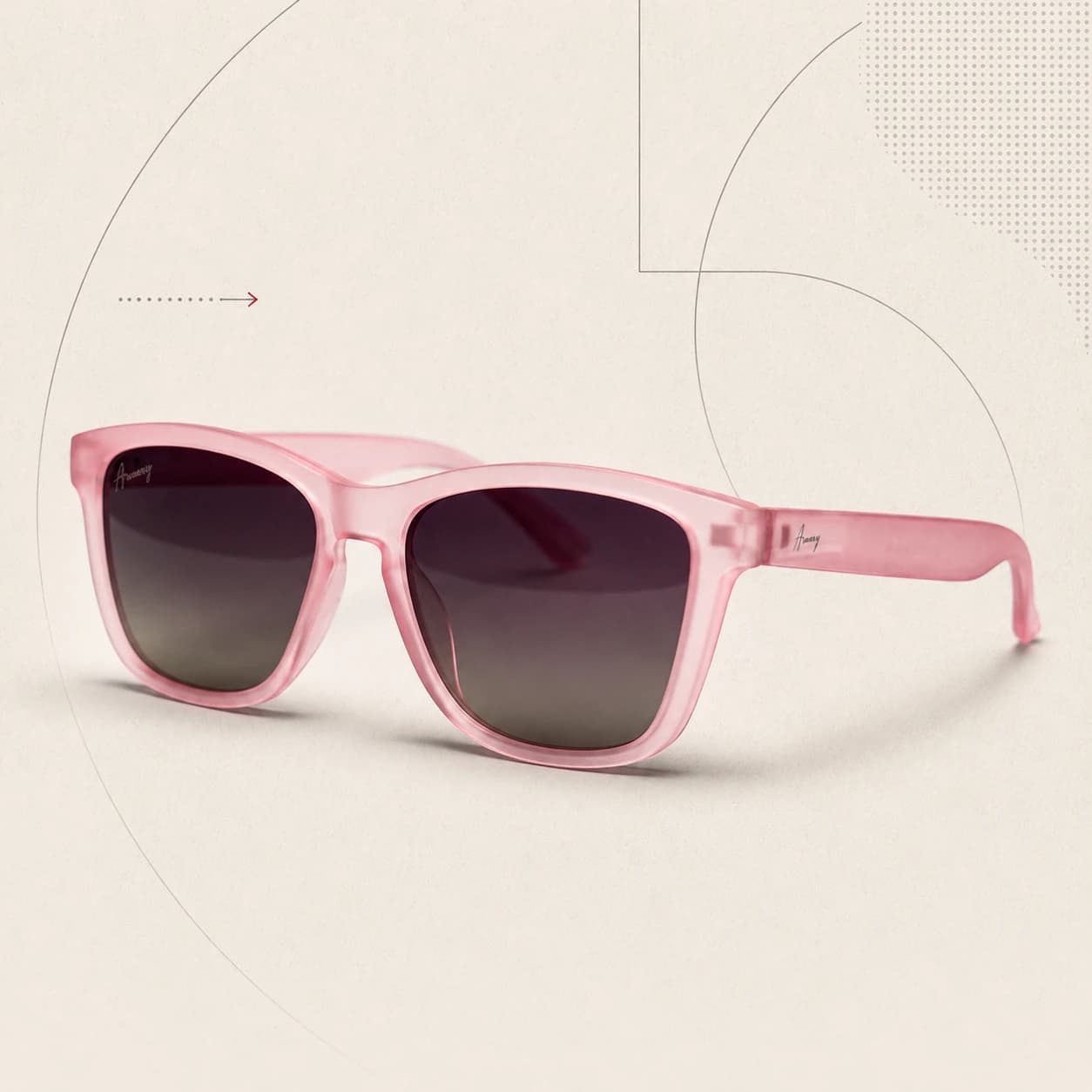 Glossy black rectangular sunglasses on a warm cream geometric background