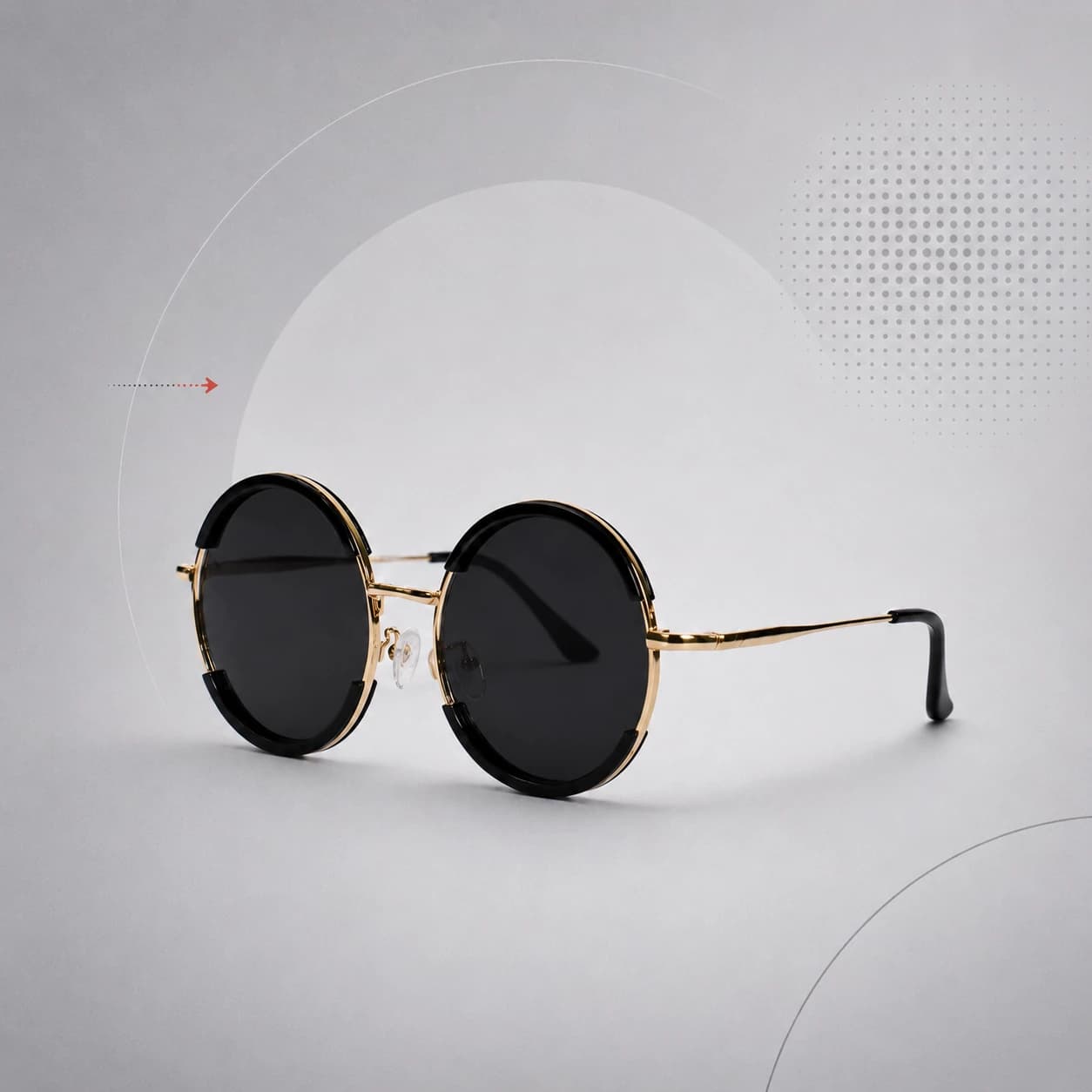 Black round sunglasses on a pale silver circular graphic background