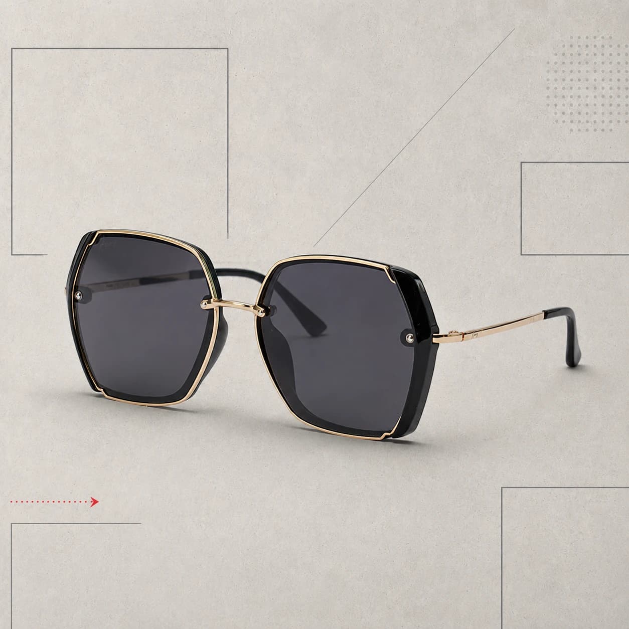 Bold black square sunglasses on a textured stone geometric background