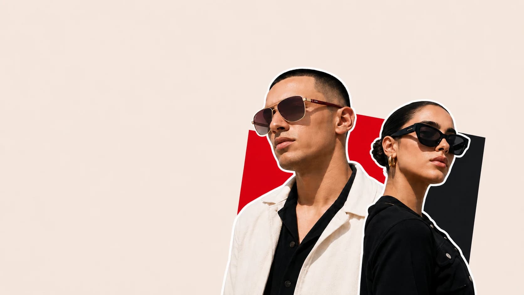 Two models wearing black sunglasses in a Numyra street-luxury campaign